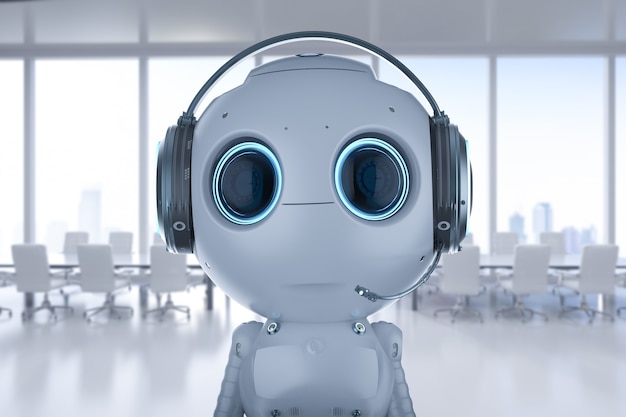 3D-rendering mini-robot draagt een headset op kantoor