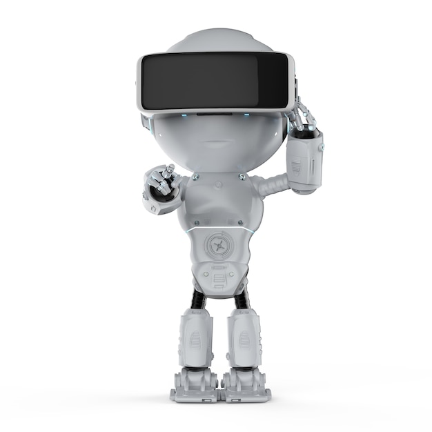 3D-rendering mini-robot draagt een vr-headset op een witte achtergrond