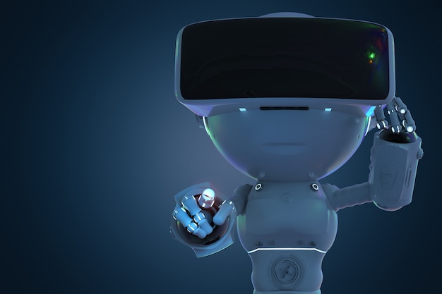 3d rendering mini robot wear vr headset on blue background