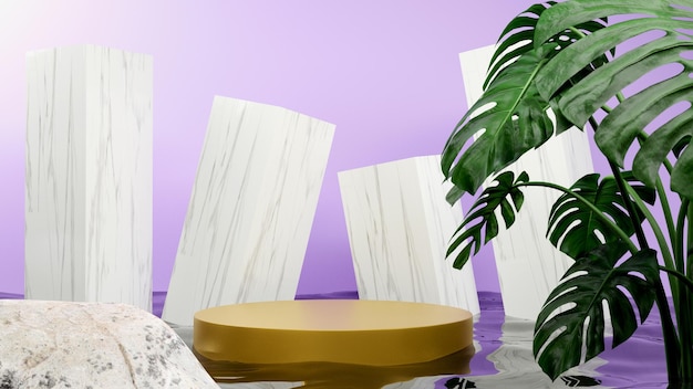 3D-rendering minimaal podiumpodium voor mockuppresentatie met planten en rotsen