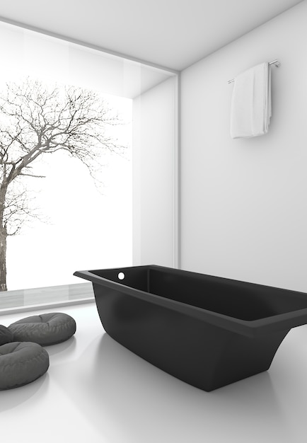 Foto 3d che rende vasca da bagno nera minima vicino alla finestra in inverno