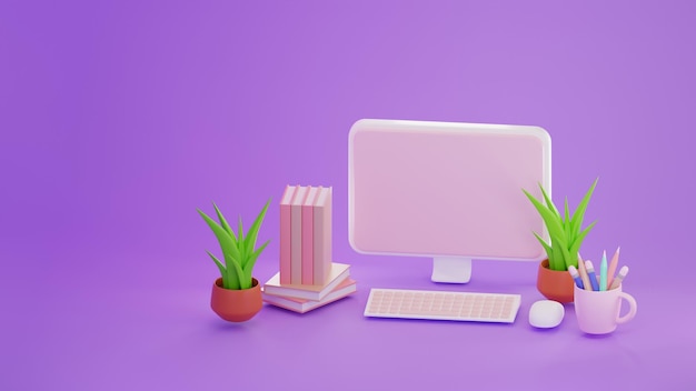 3d rendering of minimal computer on display for mockup and Plant on Purple pastel background Book and Pencil near computer Pc