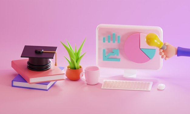 3d rendering of minimal computer on display for mockup and Plant on Purple pastel background Graduation hat near computer Pc