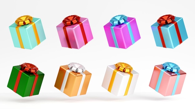 3D rendering of minimal gift boxes set with a color ribbon bow on white background