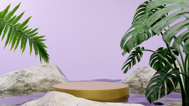 3d rendering minimal podium stage for mockup presentation with plants and rocks