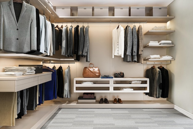 3d rendering minimal scandinavian wood walk in closet with wardrobe