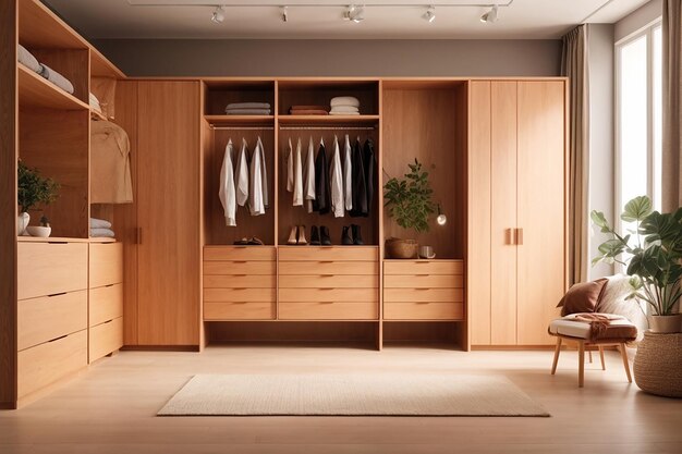 3d rendering minimal scandinavian wood walk in closet with wardrobe