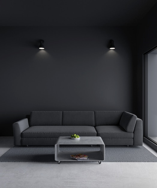 Foto rendering 3d soggiorno minimal style con pavimento in cemento grezzo