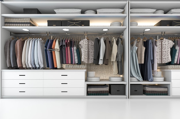 3D-rendering minimale houten inloopkast met garderobe