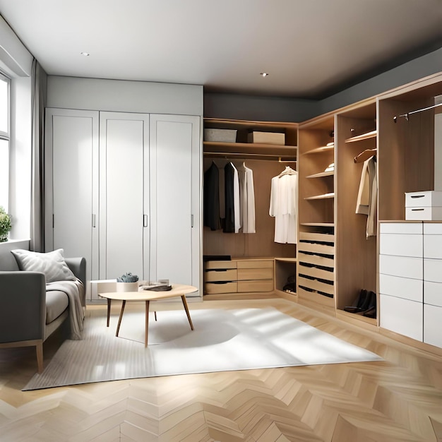 3D-rendering minimale scandinavische inloopkast met houten kledingkast