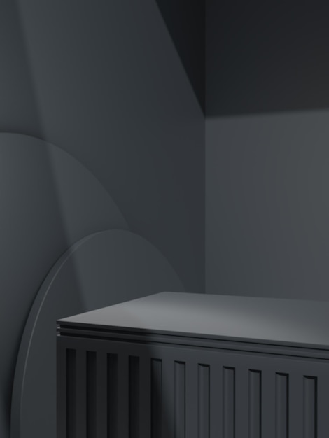 3D-rendering Minimale zwart-wit donkergrijze badkamer of keuken onder zonlicht en schaduwachtergrond