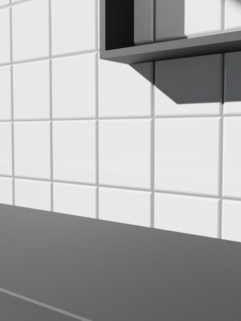 3D-rendering Minimale zwart-witte badkamer of keuken onder zonlicht en schaduwachtergrond voor weergave van toiletartikelen of schoonheidsproducten