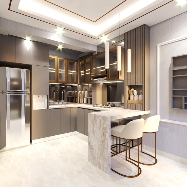 3D Rendering of Minimalist and Exquisite Kitchen Interior Design