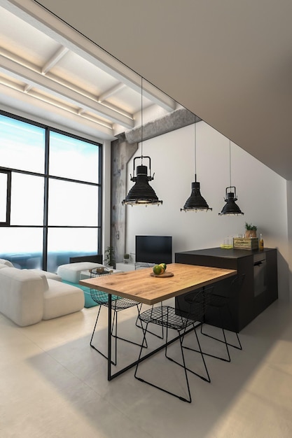 3d rendering minimalist industrial house interior design