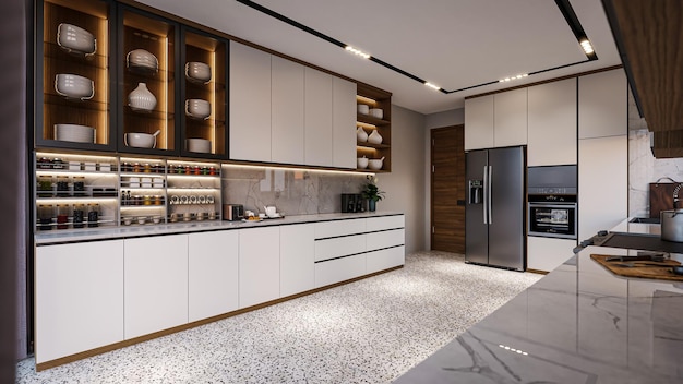 3d rendering minimalist kitchen interior design