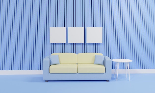 3d rendering soggiorno minimalista con divano contro la parete blu