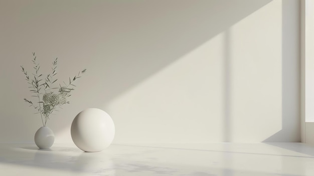 Photo 3d rendering of a minimalist room with a vase of flowers and a sphere on the floor the room is lit by a soft light from the right