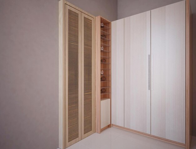 Photo 3d rendering of minimalist and splendid walk in closet interior design