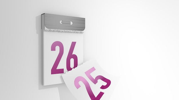 ミニマルなティアオフカレンダーの3Dレンダリング日を25日から26日に変更する3Dイラスト前日の落下ページ