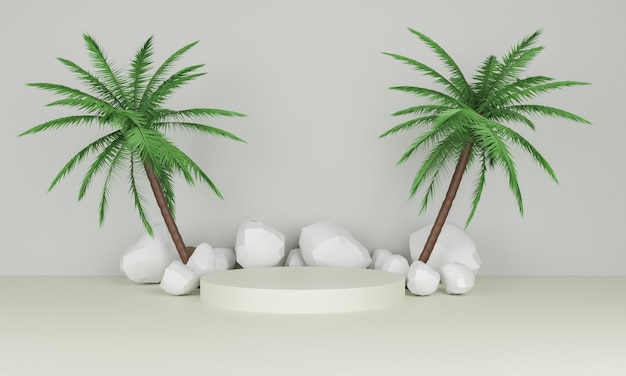 3D-rendering minimalistisch display podium met palmbomen en veelhoeksteen