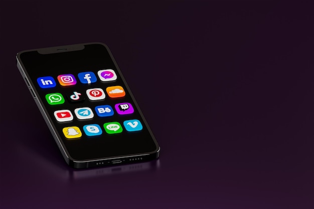 3D Rendering Mobile Application Buttons Showing on Top of Mobile Screen with Purple Black Background