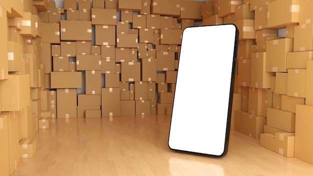 3d rendering Mobile phone or smartphone with brown cardboard boxes parcel online shopping