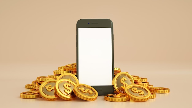 3D rendering of mobile phone with blank screen with Golden US dollar coins surrounding it