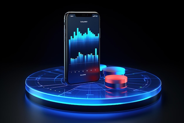 3d rendering of mobile phone with stock market chart on black background Ai Generated