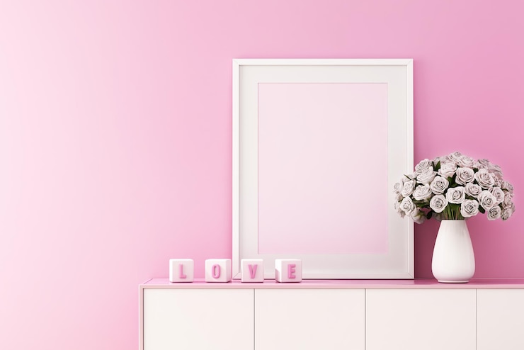 Photo 3d rendering of mock up interior design for living room with picture frame on pink wall,valentine's day background