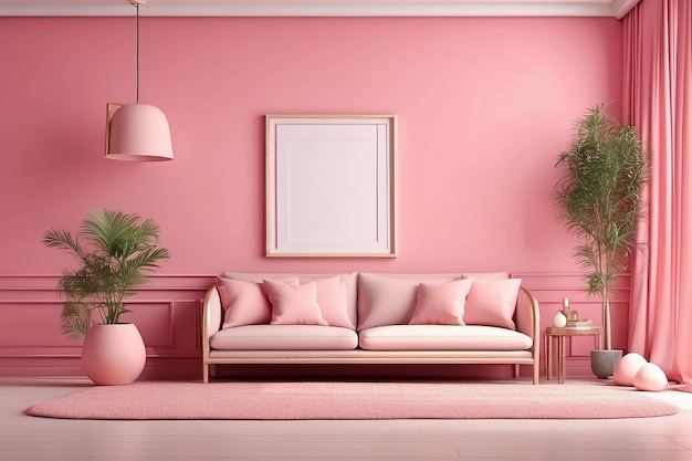 Photo 3d rendering of mock up interior design for living room with picture frame on pink wallvalentine's day background