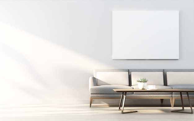 3d rendering of mock up Interior design for living room with picture frame on white wall