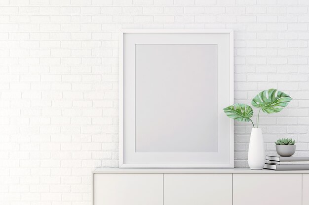 モックアップの3Dレンダリング白い壁に額縁のあるリビングルームのインテリアデザイン