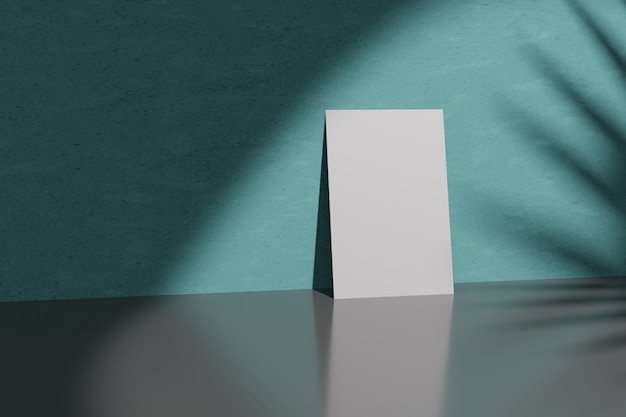 3d rendering Mock up Paper card on a Turquoise wall empty interior on sunlight.