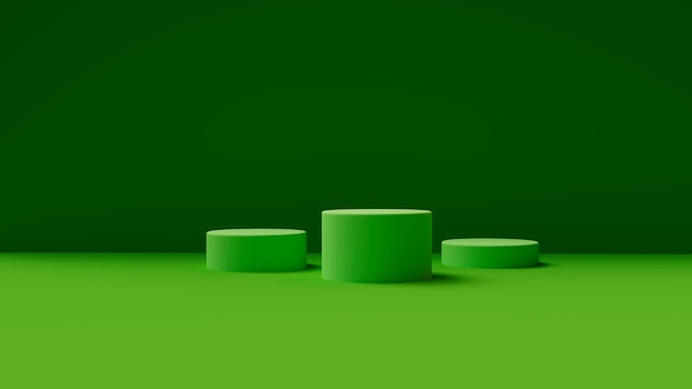 스튜디오를 시 ⁇ 레이션하는 무대에서 제품에 대한 다른 높이의 세 개의 포디움의 모의 3D 렌더링
