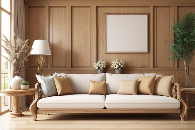 3d rendering mock up wood decor in living room with sofa classic style