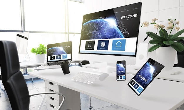 Photo 3d rendering mockup of computers, mobile devices and assorted office supplies floating  in mid-air at office showing landing page