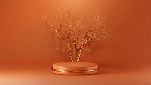 3d rendering Mockup podium and Dry Tree Branches scene Images Abstract background