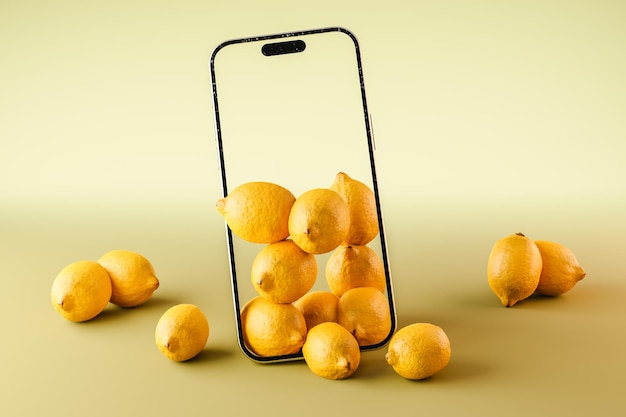 Foto rappresentazione 3d dello smartphone del modello con i limoni