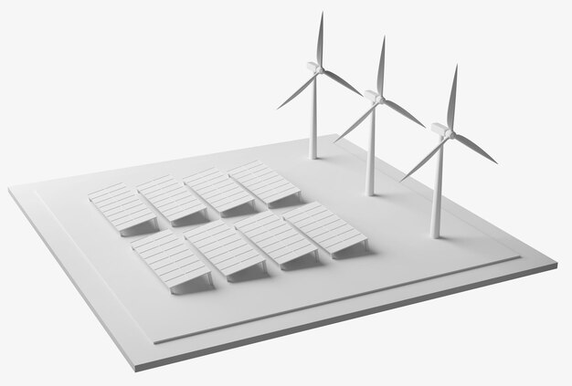 Photo 3d rendering of model of wind turbine and solar panel