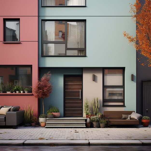 Photo 3d rendering of a modern apartment building exterior with a garden