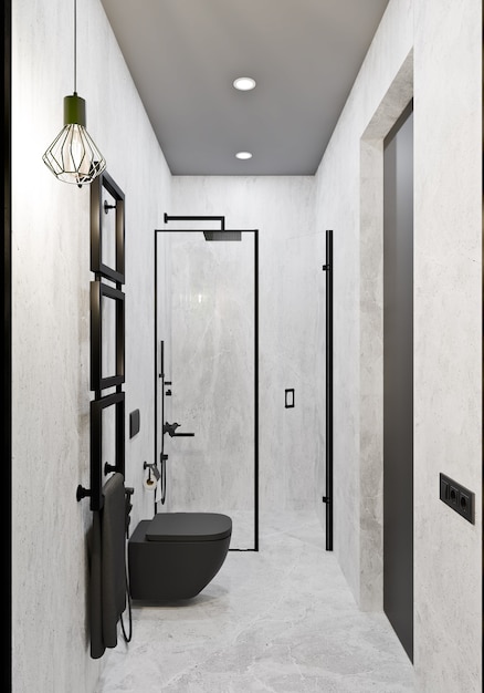 3d rendering modern bathroom design with tiles under concrete and marble