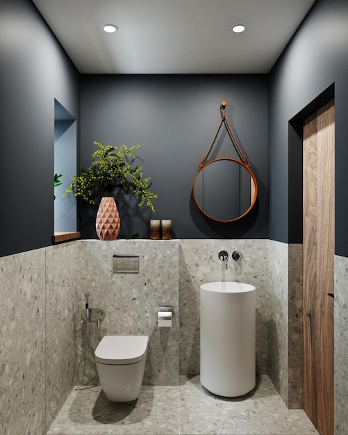 콘크리트와 대리석 아래 타일이 있는 3d 렌더링 현대적인 욕실 디자인
