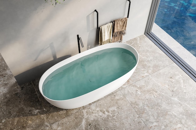 Photo 3d rendering of a modern bathroom with gray walls white bathtubterrazzo floor and a view of the pool and sea from the window