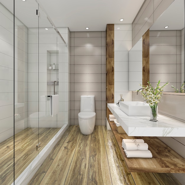 Photo 3d rendering modern bathroom with luxury tile decor