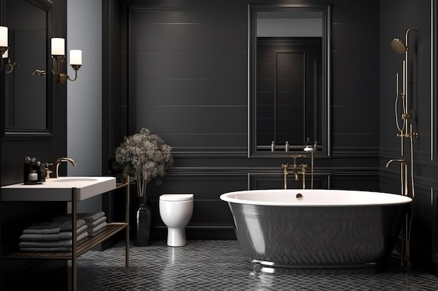 고전적인 럭셔리 타일 장식 스타일과 함께 현대적인 검은 욕실 3d 렌더링
