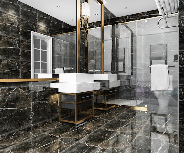 3d rendering modern black bathroom with luxury tile decor