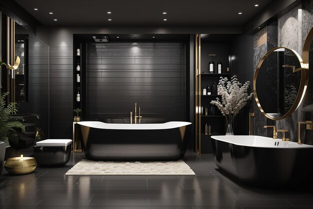 3d rendering modern black bathroom with luxury tile decor