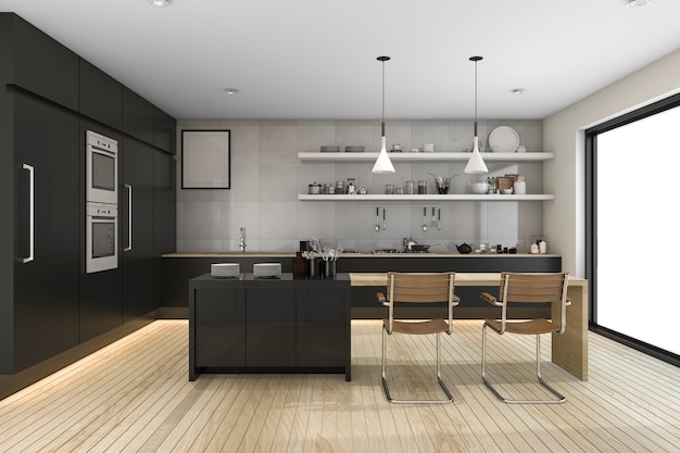 Premium Photo | 3d rendering modern black kitchen with wood decor