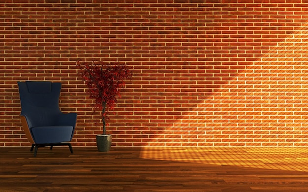 3D rendering of a modern blue armchair and a flower against a brick wall.