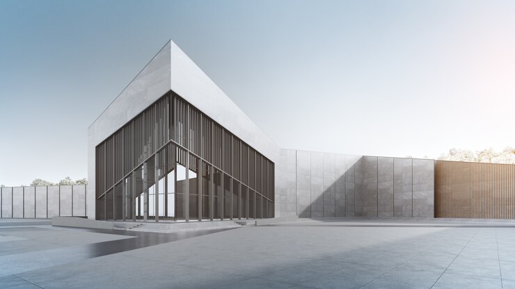 Photo 3d rendering of modern building with clear sky .
